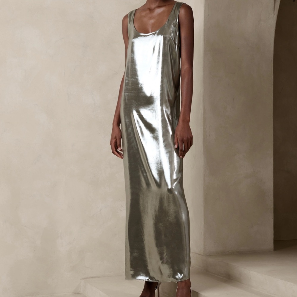 BANANA REPUBLIC MAXIME METALLIC MAXI DRESS - SILVER, SMALL